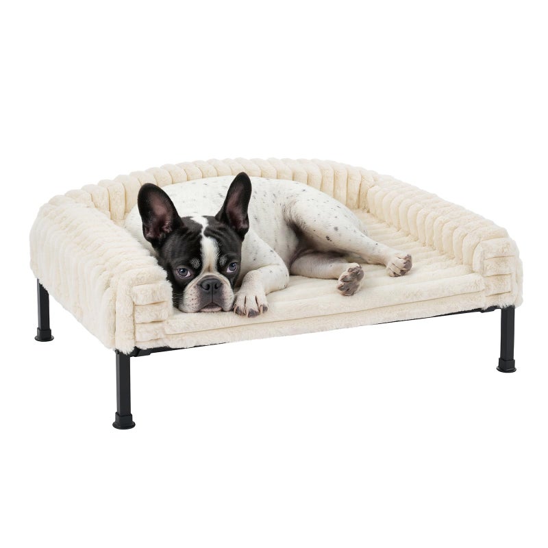 Veehoo Elevated Dog Bed with Bolster Cushion, Fluffy Plush Dog Couch Beds for Small Dogs, Cats, Washable Raised Pet Cot with Non-Slip Feet for Indoor or Patios Use, 24 x 18 Inches, White - Image 1