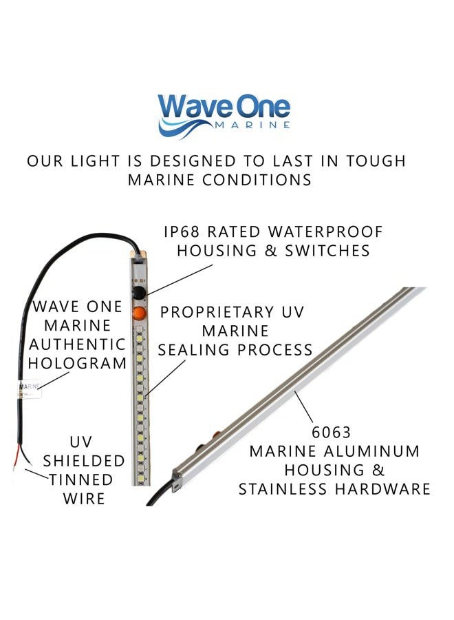 Wave One Marine Dual Color T-Top LED Light With Switch | Boat Courtesy Cockpit Helm Light | Waterproof Bar Housing | Stainless Hardware | IP68 (15.5" White & Blue) - Image 3