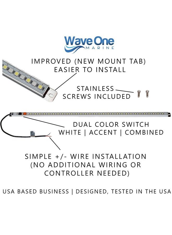 Wave One Marine Dual Color T-Top LED Light With Switch | Boat Courtesy Cockpit Helm Light | Waterproof Bar Housing | Stainless Hardware | IP68 (15.5" White & Blue) - Image 2