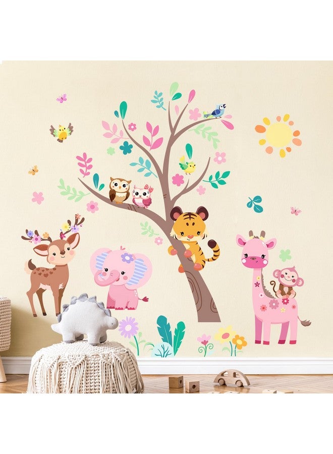 Supzone Jungle Animals Tree Wall Decals Pink Elephant Giraffe Wall Stickers for Kids Girls Bedroom Living Room Baby Nursery Wall Decor - Image 2