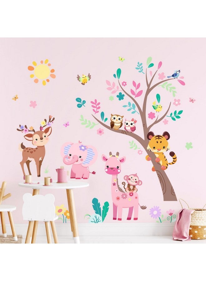 Supzone Jungle Animals Tree Wall Decals Pink Elephant Giraffe Wall Stickers for Kids Girls Bedroom Living Room Baby Nursery Wall Decor - Image 1