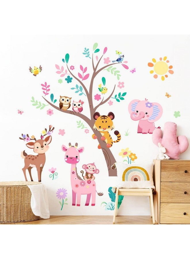 Supzone Jungle Animals Tree Wall Decals Pink Elephant Giraffe Wall Stickers for Kids Girls Bedroom Living Room Baby Nursery Wall Decor - Image 4