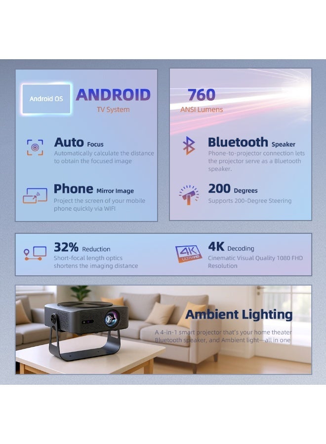 AUN A005 Smart Projector Android 11.0 with Chromecast Built-in 760 ANSI Lumens Native 1080P Support 4K 200° Rotation Auto Focus Bluetooth Speaker All-in-One Home Theater Outdoor Portable for Movies Gaming - Image 3