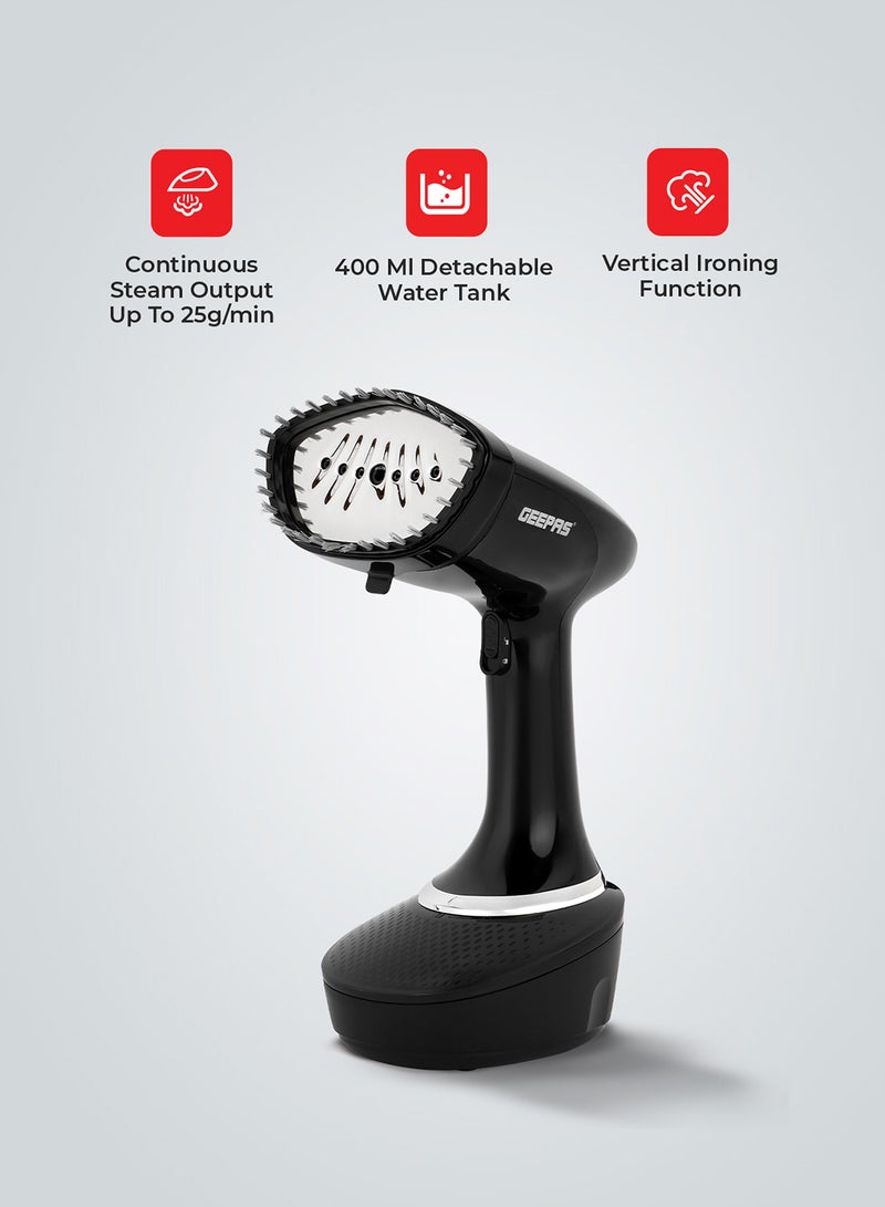 GEEPAS Handheld Garment Steamer With Stainless Steel Panel, Continuous Steam Output Upto 25G/Min, 400 ML Detachable Water Tank, Vertical Ironing Function, 360 Degree Swivel Cord Protection 400 ml 1500 W GGS25041 Black - Image 1