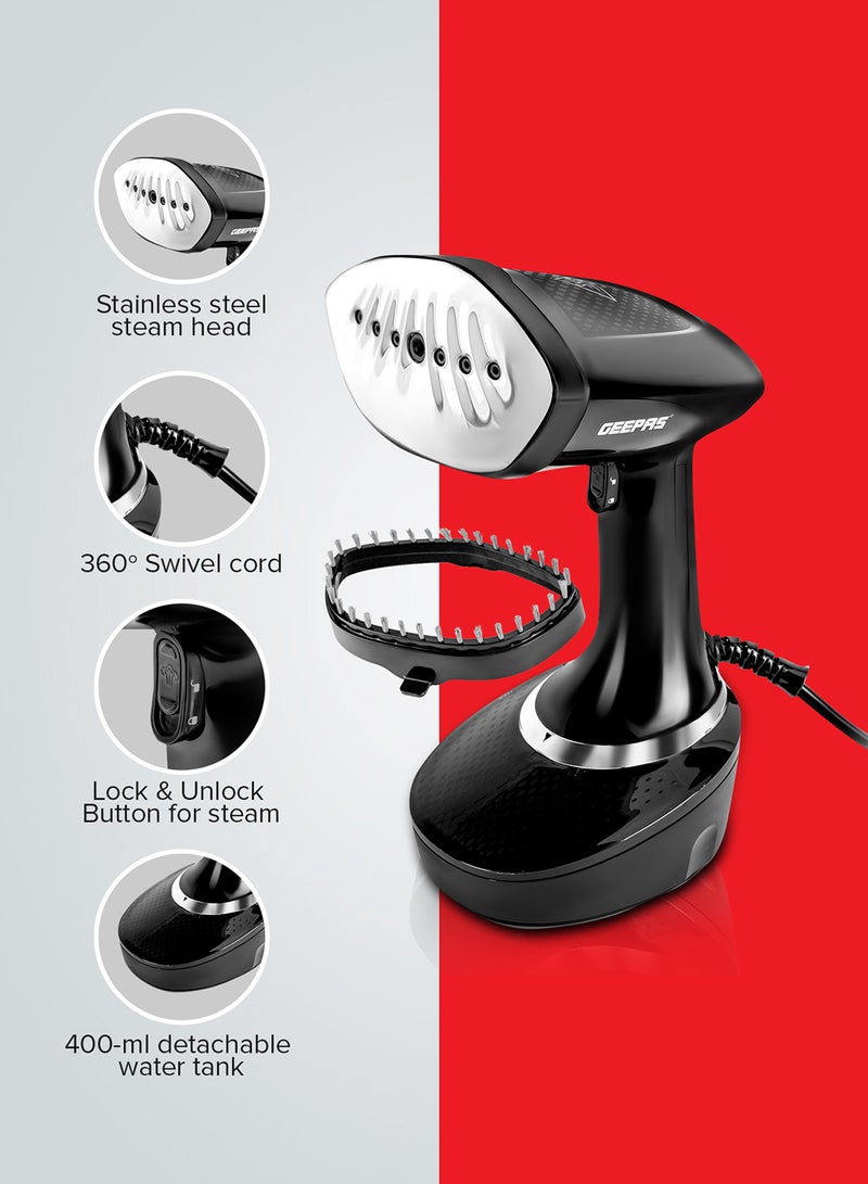 GEEPAS Handheld Garment Steamer With Stainless Steel Panel, Continuous Steam Output Upto 25G/Min, 400 ML Detachable Water Tank, Vertical Ironing Function, 360 Degree Swivel Cord Protection 400 ml 1500 W GGS25041 Black - Image 3