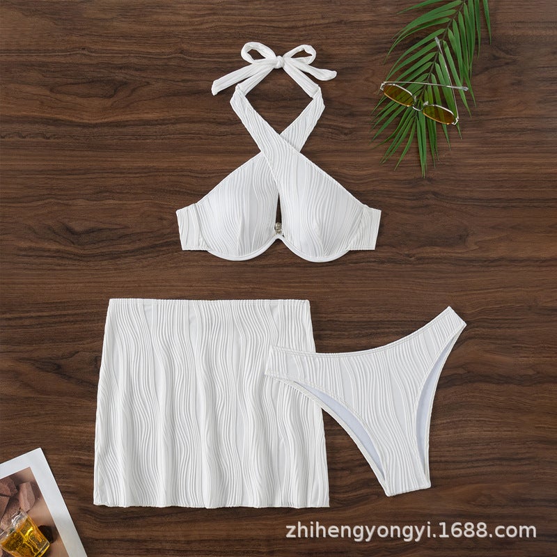 Split Hip Skirt Bikini Solid Color Steel Trap Push-Up Biniki Swimsuit - Image 4