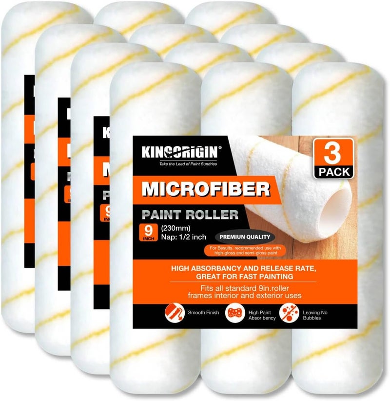 KingOrigin King Origin 9 Inch Microfiber Paint Roller Covers, 1/2" Nap, 12-Pack Paint Rollers for Wall & Ceiling Painting, Professional & Home Use - Image 1