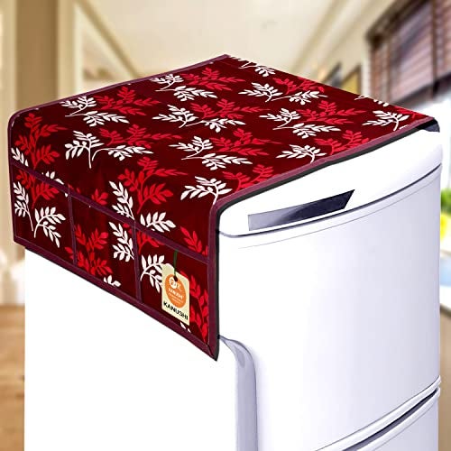 KANUSHI Industries® 1Pc Fridge Cover for Top with 6 Utility Pockets + 4 Fridge Mats (FRI-Maroon-Small-Leave+M-23-04) - Image 2