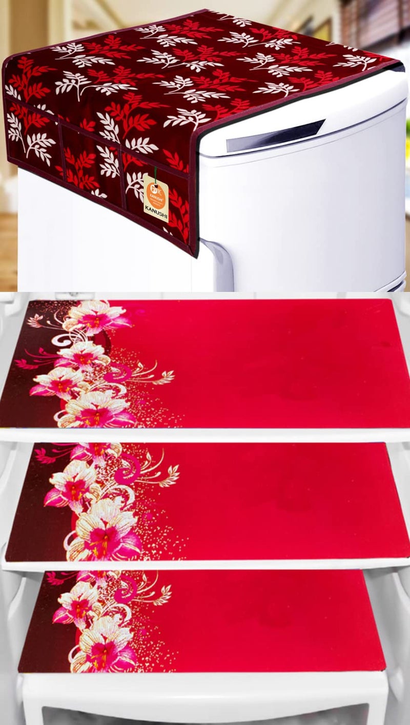 KANUSHI Industries® 1Pc Fridge Cover for Top with 6 Utility Pockets + 4 Fridge Mats (FRI-Maroon-Small-Leave+M-23-04) - Image 5