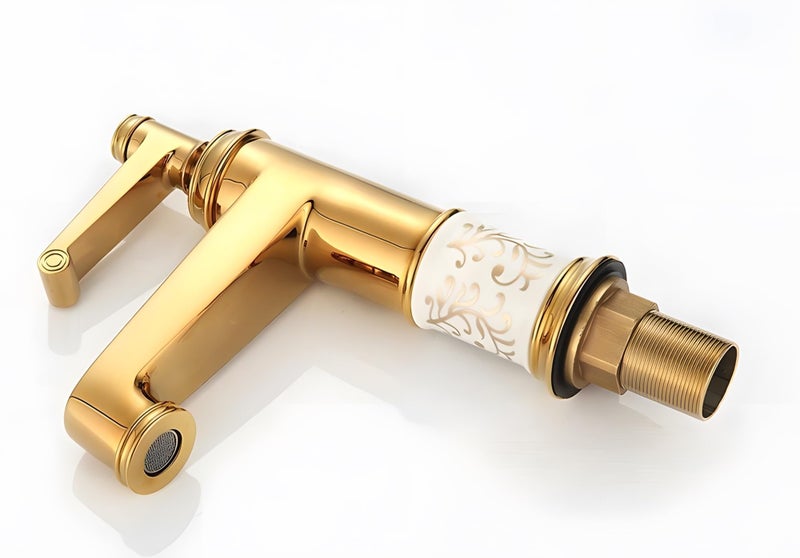24x7 eMall Brass Gold White Flower Basin Tap Faucet Mixer Hot and Cold Sink Mixer Golden Colour Aura Florina (Short Body 7 Inches) for Bathroom Toilet Wash Basins Hot and Cold Water - Image 5