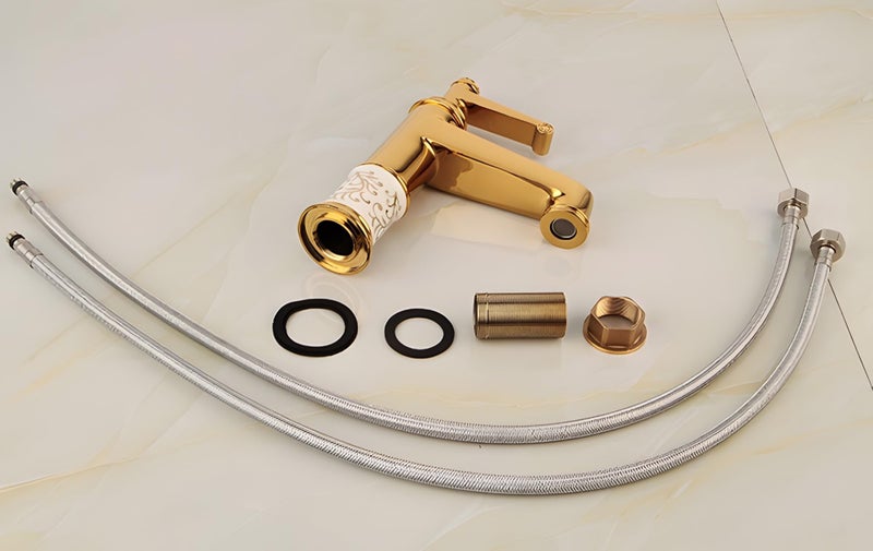 24x7 eMall Brass Gold White Flower Basin Tap Faucet Mixer Hot and Cold Sink Mixer Golden Colour Aura Florina (Short Body 7 Inches) for Bathroom Toilet Wash Basins Hot and Cold Water - Image 4