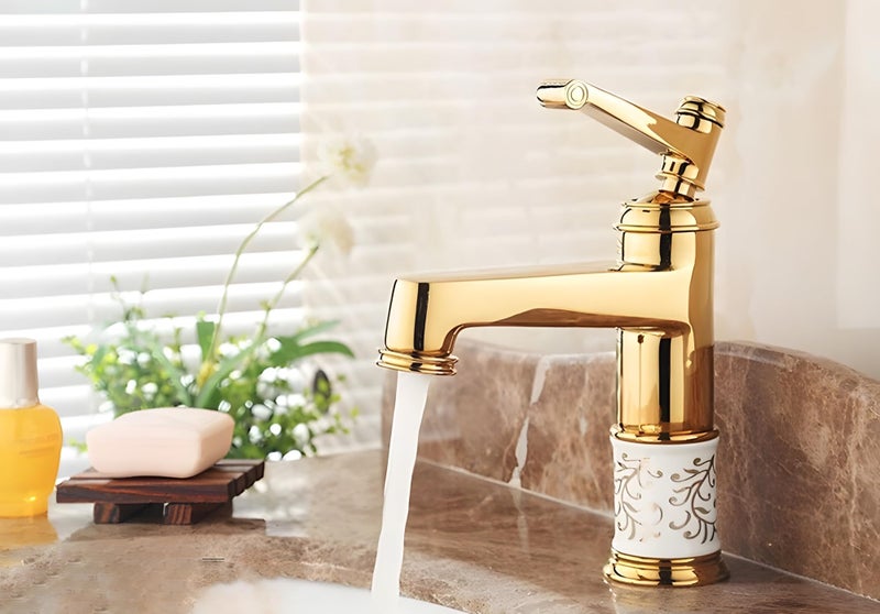 24x7 eMall Brass Gold White Flower Basin Tap Faucet Mixer Hot and Cold Sink Mixer Golden Colour Aura Florina (Short Body 7 Inches) for Bathroom Toilet Wash Basins Hot and Cold Water - Image 1