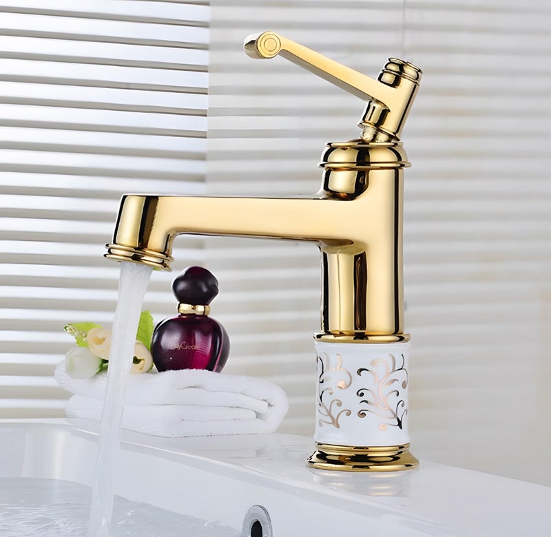 24x7 eMall Brass Gold White Flower Basin Tap Faucet Mixer Hot and Cold Sink Mixer Golden Colour Aura Florina (Short Body 7 Inches) for Bathroom Toilet Wash Basins Hot and Cold Water - Image 2