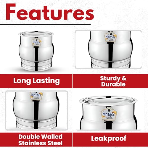 Mintage Apply Pawali 7 LTR Capacity | Kunda Pawale Stainless Steel with Lid | Storage Pawali Set Atta Drun 7 Kg | Home & Kitchen Atta Box for Kitchen | Kothi with Lid Water Grocery Containers - Image 4