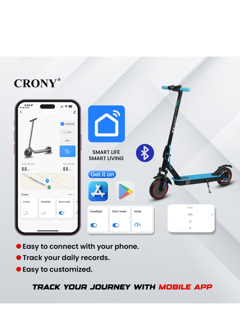 Crony - W563 Fast Speed E-Scooter Motor 36V/7.8AH,8.5" Honeycomb Tires,Front Suspension Rear Hydraulic Disc Brakes Electric Scooter,Easy Foldable, Portable Commuter E-Bike For Adults & Kids, 100kg Load Skateboard With bell, 21kg Aluminum Frame, Urban Mobility tool，Suspension and APP Connectivity, Blue - Image 1