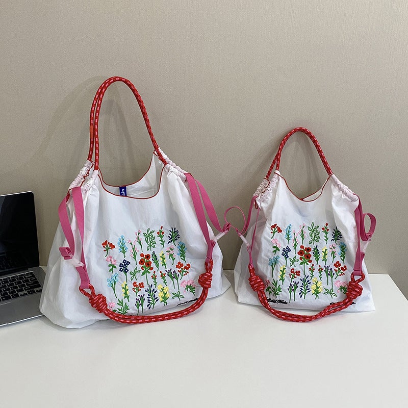 Celebrity Same Style Japanese Flowers And Flowers Embroidered Shopping Bag Niche Fashionable All-Match Shoulder Crossbody Bag Large Bag - Image 3