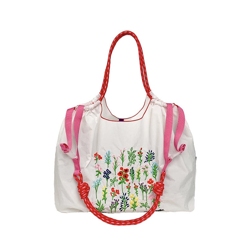 Celebrity Same Style Japanese Flowers And Flowers Embroidered Shopping Bag Niche Fashionable All-Match Shoulder Crossbody Bag Large Bag - Image 5