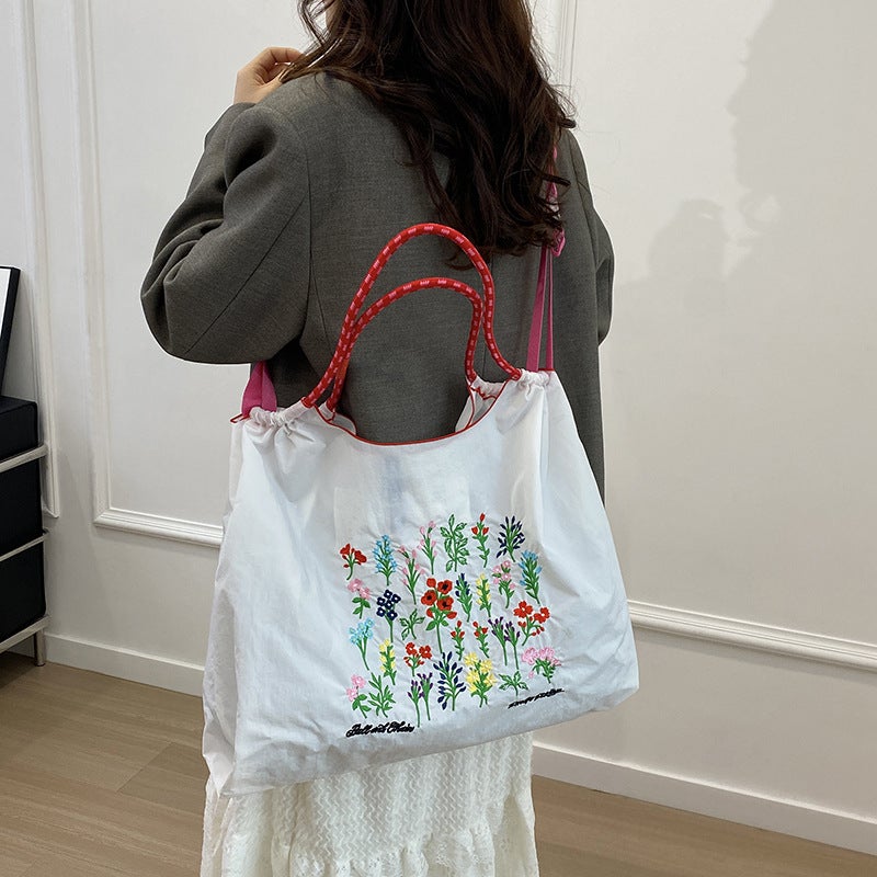 Celebrity Same Style Japanese Flowers And Flowers Embroidered Shopping Bag Niche Fashionable All-Match Shoulder Crossbody Bag Large Bag - Image 2
