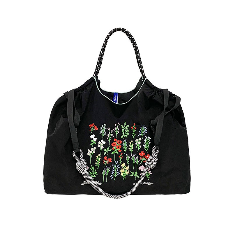 Celebrity Same Style Japanese Flowers And Flowers Embroidered Shopping Bag Niche Fashionable All-Match Shoulder Crossbody Bag Large Bag - Image 1