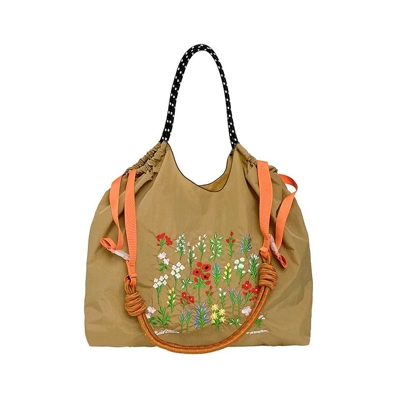 Celebrity Same Style Japanese Flowers And Flowers Embroidered Shopping Bag Niche Fashionable All-Match Shoulder Crossbody Bag Large Bag - Image 4