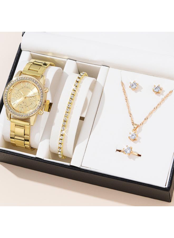 Steel Band Women's Watch Geneva Fake Three Eyes Women's Casual Korean Necklace Bracelet Ring Quartz Watch Set 