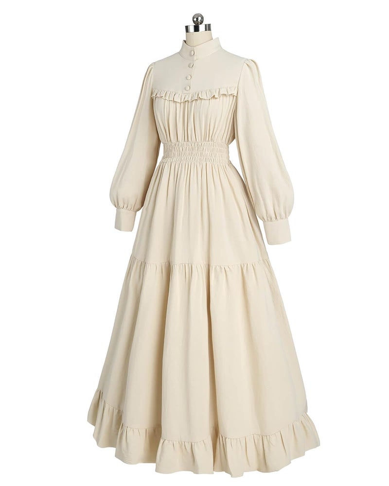 Nuoqi Victorian Dress for Women Long Sleeve Edwardian Dress Medieval Renaissance Costume Beige S - Image 2