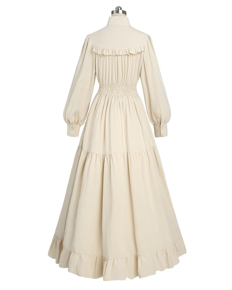 Nuoqi Victorian Dress for Women Long Sleeve Edwardian Dress Medieval Renaissance Costume Beige S - Image 3