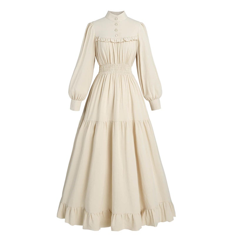 Nuoqi Victorian Dress for Women Long Sleeve Edwardian Dress Medieval Renaissance Costume Beige S - Image 1