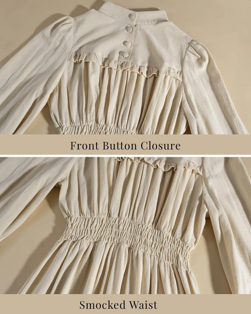 Nuoqi Victorian Dress for Women Long Sleeve Edwardian Dress Medieval Renaissance Costume Beige S - Image 5