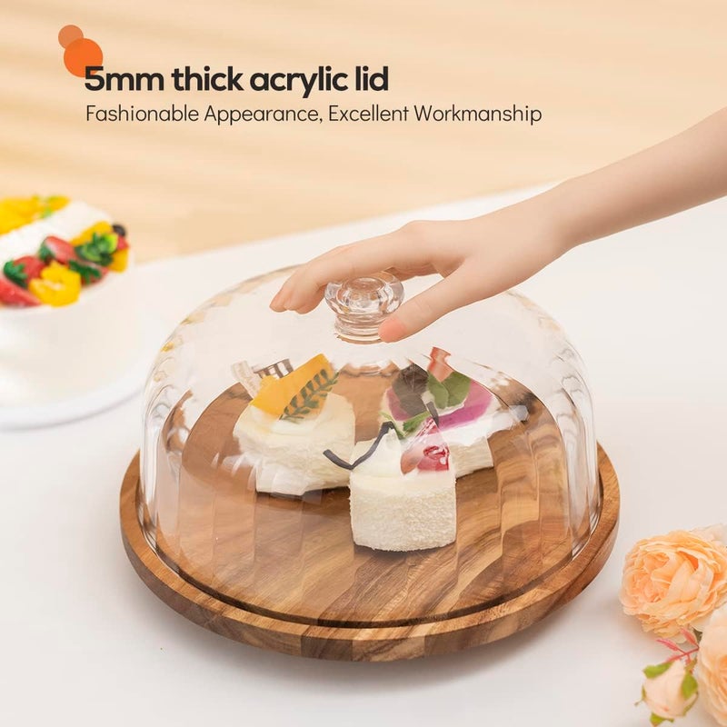 cutesun Cake Stand with Lid, Rotating Cake Stand with Lid & Dome, 11.8'' Acacia Wood Shatterproof 10.4'' Acrylic Cake Display Stand for Wedding, Birthday, Parties - Image 5