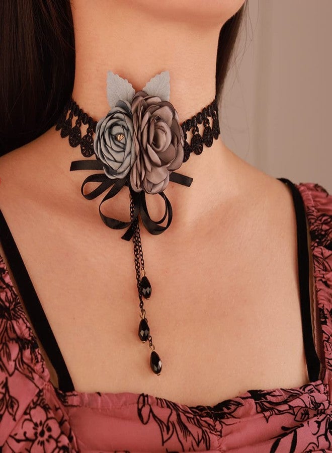 Wiwpar Gothic Black Lace Choker Necklace Sexy Rose Flower Necklace Dainty Crystals Pendant Necklace Chic Prom Party Ball Nacklace Lolita Victorian Choker Vampire Collar for Women (Style3) - Image 4