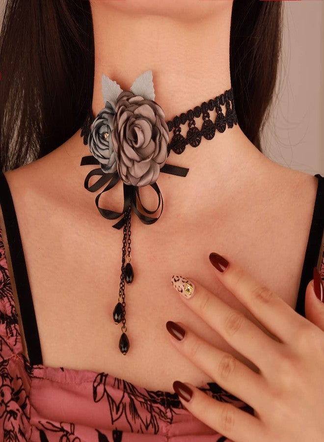 Wiwpar Gothic Black Lace Choker Necklace Sexy Rose Flower Necklace Dainty Crystals Pendant Necklace Chic Prom Party Ball Nacklace Lolita Victorian Choker Vampire Collar for Women (Style3) - Image 3