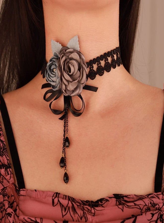 Wiwpar Gothic Black Lace Choker Necklace Sexy Rose Flower Necklace Dainty Crystals Pendant Necklace Chic Prom Party Ball Nacklace Lolita Victorian Choker Vampire Collar for Women (Style3) - Image 2