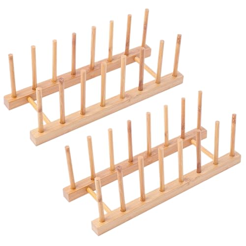 ROORUZ 2Pack Bamboo Wooden Dish Rack, Plate Rack Stand Pot Lid Holder, Kitchen Cabinet Organizer for Cup, Cutting Board, Bowl, Drying Rack and more - Image 1