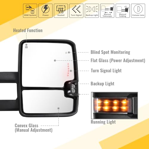 Sanooer Towing Mirrors for Toyota Tundra 2007-2021, Tow Mirror for Toyota Sequoia 2008-2017 with Power Glass Heated Arrow Turn Signal Light Running Light Blind Spot Monitoring Extendable Fold Pair Set (Smoke) - Image 2