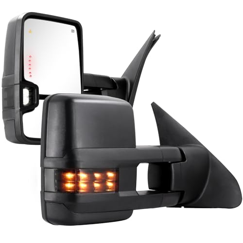 Sanooer Towing Mirrors for Toyota Tundra 2007-2021, Tow Mirror for Toyota Sequoia 2008-2017 with Power Glass Heated Arrow Turn Signal Light Running Light Blind Spot Monitoring Extendable Fold Pair Set (Smoke) - Image 1