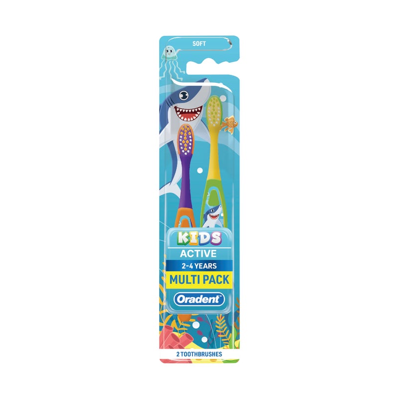 Oradent Kids Active Toothbrush 2-4 Years, Soft Gentle Bristles, Anti-Slip Grip and Curved Neck, Pack of 2pcs