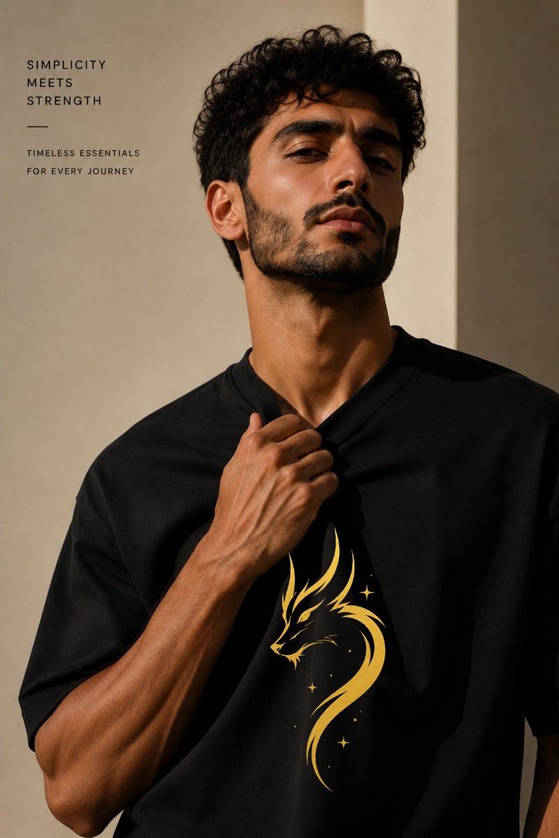 Men's Oversized Black T-Shirt with Golden Dragon Graphic Casual Short Sleeve Crew Neck Streetwear Tee - Image 5