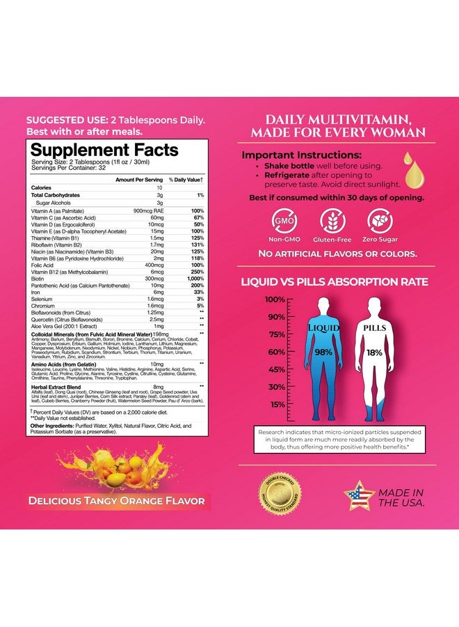 تروبيكال أويسيز فيتامينات متعددة سائلة فاخرة للنساء | فيتامينات متعددة للنساء خالية من السكر | أكثر من 100 فيتامين ومعادن وأعشاب تعزز مكافحة الشيخوخة وصحة القلب والدماغ والعظام | معدل امتصاص 98% | خالٍ من الكائنات المعدلة وراثيًا | 32 جرعة - Image 1
