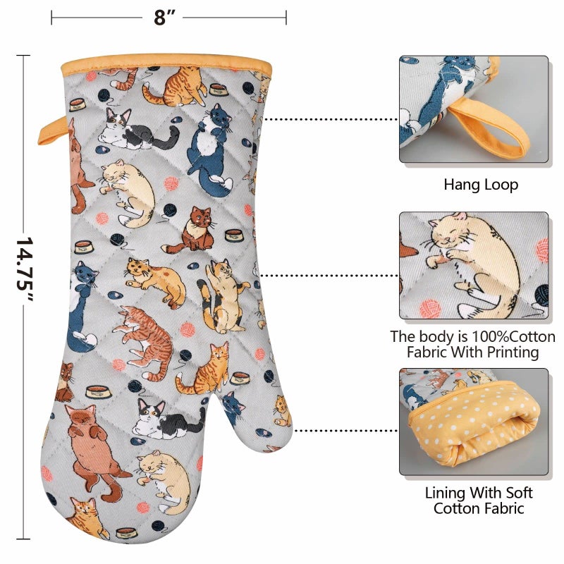 RED LMLDETA Oven Mitts Cotton Fashion Cute Cat Design 1pair Heat Resistant Oven Gloves Safe Cooking Baking Grilling Barbecue Machine Washable Pot Holders (Cat) - Image 2