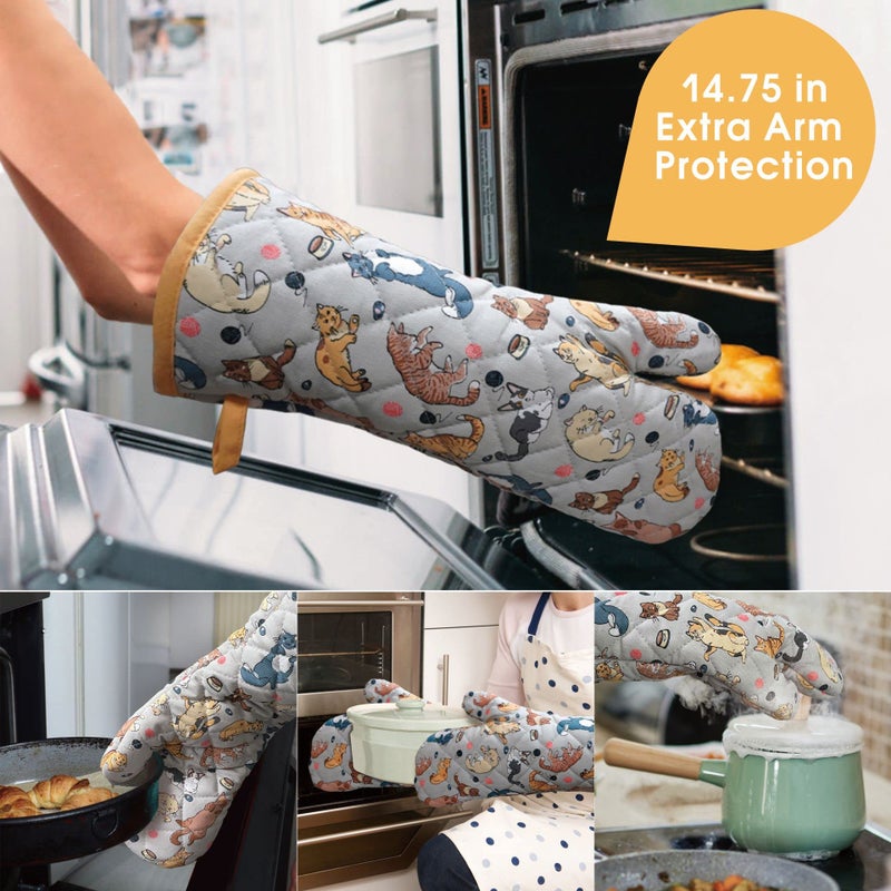 RED LMLDETA Oven Mitts Cotton Fashion Cute Cat Design 1pair Heat Resistant Oven Gloves Safe Cooking Baking Grilling Barbecue Machine Washable Pot Holders (Cat) - Image 5