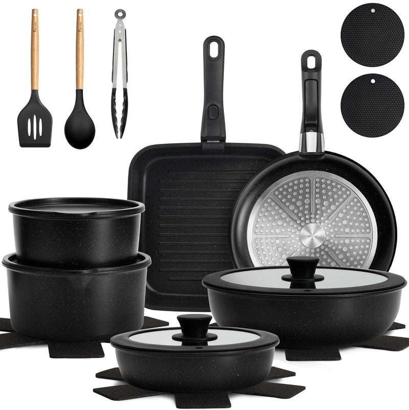 KIKCOIN 22 Pcs Pots and Pans Set Non Stick, Detachable Handle Cookware Sets Nonstick, RV Kitchen Cooking Set with Removable Handles, Frying Pans - Induction/Dishwasher/Oven Safe (Black) - Image 1