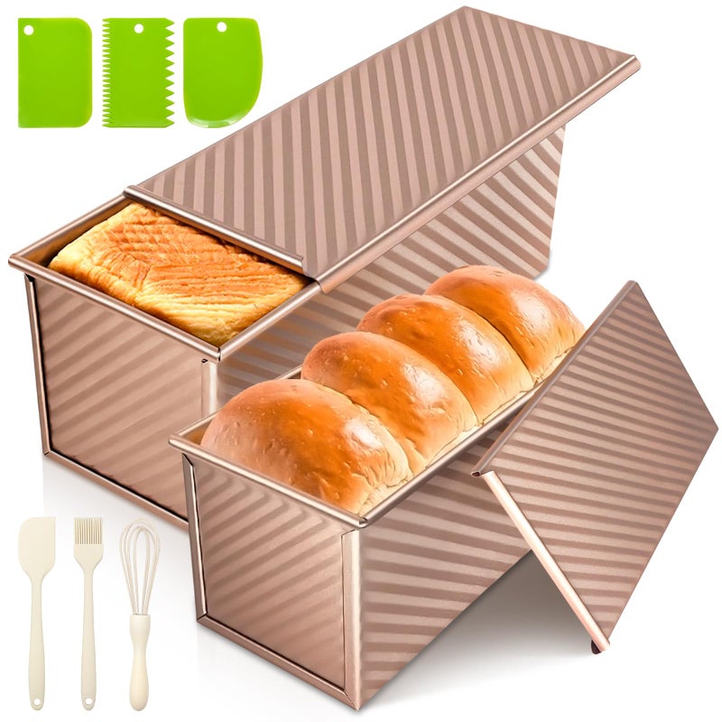 Dipanist 2Pack Large Bread Pan with Lids â€“ 2.2LB Dough Capacity, Non-Stick Carbon Steel Bread Pans for Homemade Sandwich and Sourdough Bread, Corrugated Toast Mold(Gold) - Image 1