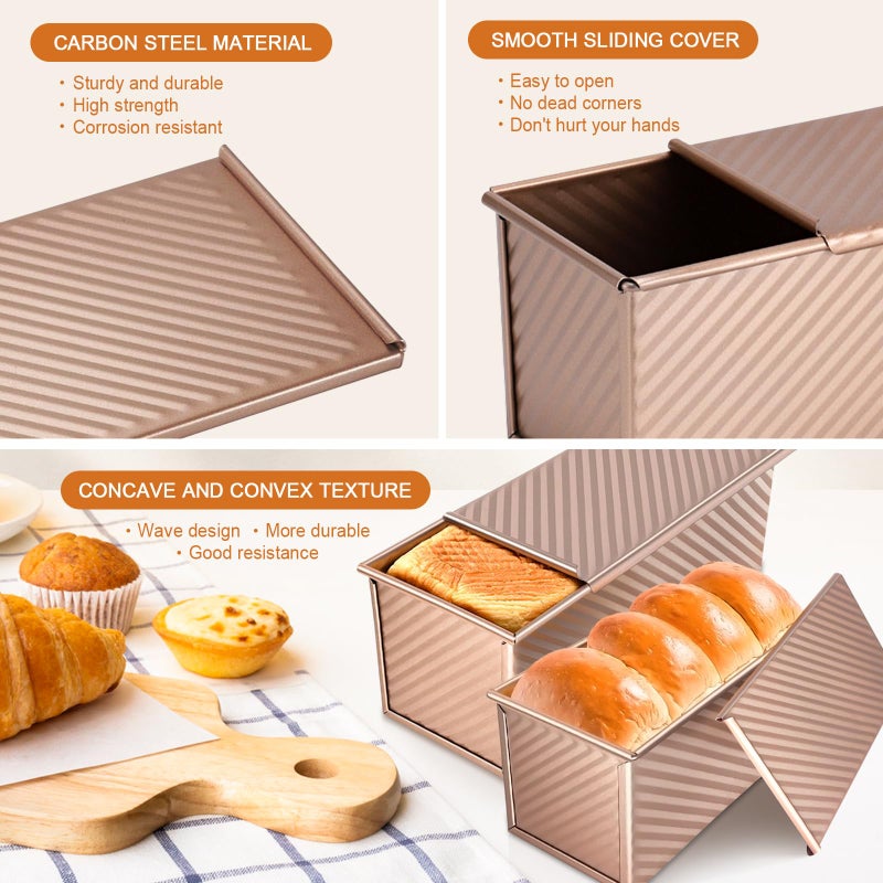 Dipanist 2Pack Large Bread Pan with Lids â€“ 2.2LB Dough Capacity, Non-Stick Carbon Steel Bread Pans for Homemade Sandwich and Sourdough Bread, Corrugated Toast Mold(Gold) - Image 4