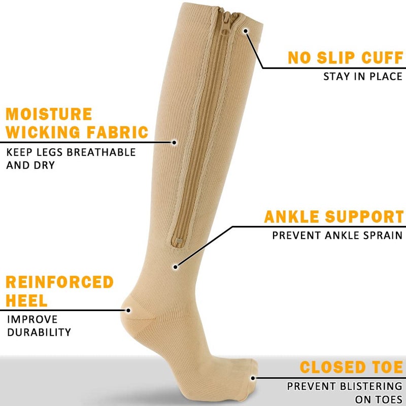 Casmon 2 Pairs Zipper Compression Socks For Women & Men 15-20 Mmhg Closed Toe Knee High Support Sock For Varicose Vein Edema - Image 4
