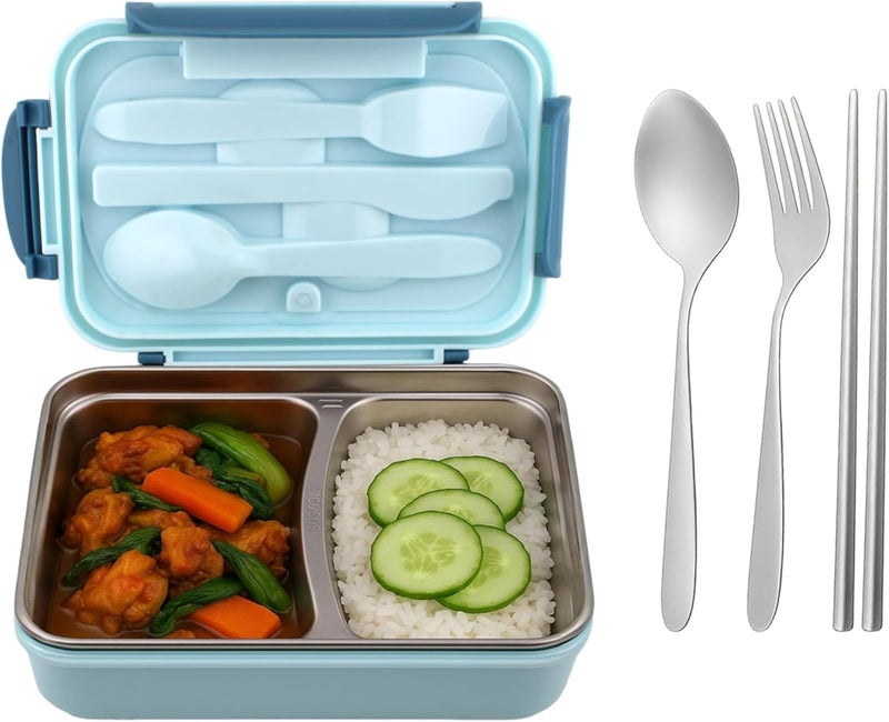 Cravista Stainless Steel Lunch Box for Kids & Adults – 2 Compartment Bento Lunch Box with Cutlery | Insulated Leakproof Lunchbox, BPA Free 1200ml Tiffin for School, Office, Travel (Blue) - Image 1