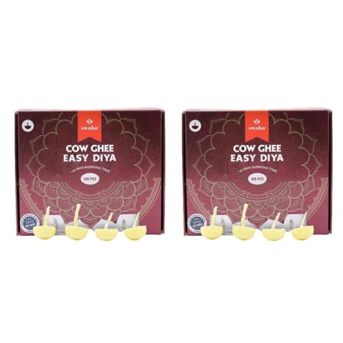 Swaha Premium Cow Ghee Diya Batti | 30 Minute Burning Time Wax Free Ghee Wicks | Ready to Use Pure Cotton Batti for Puja, Aarti & Festivals | 100 Pieces (Pack of 2) - Image 1