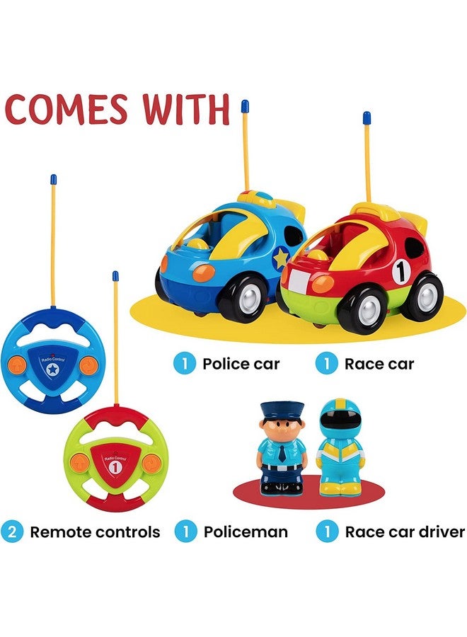 Prextex PREXTEX Cartoon Remote Control Car - 2-Pack Police and Race Car Toddler Toys - RC Cars for Kids with Different Frequencies - Easy Remote Control Toy and Thoughtful Gifts for Boys and Girls  - Image 2