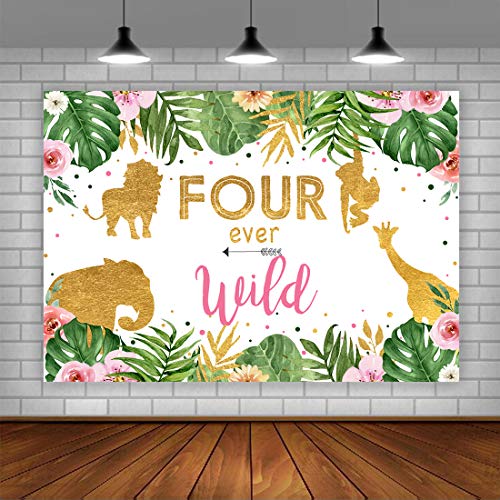 Lofaris Girl Four Ever Wild Backdrop Safari Animals 4th Birthday Background Jungle Floral Little Princess Birthday Party Decorations Cake Table Banner 5x3ft - Image 1