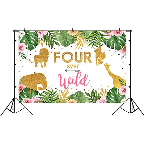 Lofaris Girl Four Ever Wild Backdrop Safari Animals 4th Birthday Background Jungle Floral Little Princess Birthday Party Decorations Cake Table Banner 5x3ft - Image 2